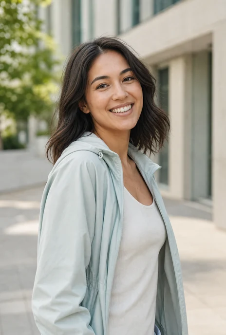 Adult smiling outdoors in a light jacket